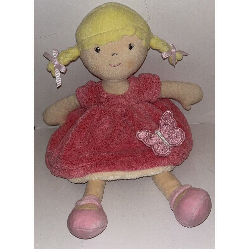 Bonikka Girl Doll Pink Fleece Butterfly Dress Yellow Blonde Hair Plush Stuffed T